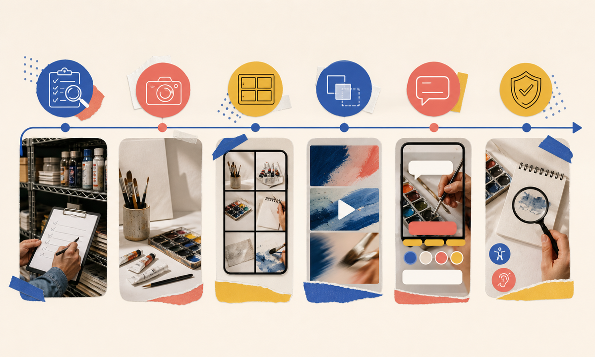 Verify store stock products variants safety age price and dates capture real product plates generate abstract hooks assemble editable arrival cards inspect claims accessibility and publish workflow