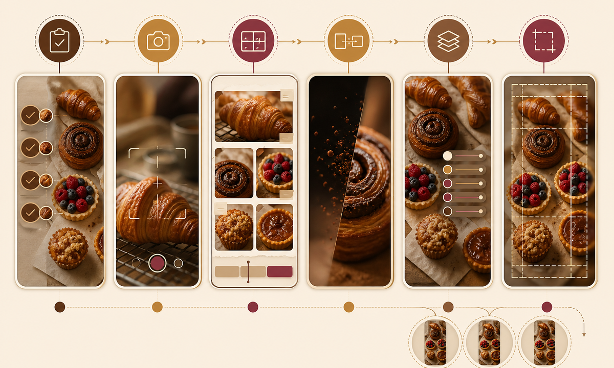 Freeze weekend menu capture real pastries storyboard hook generate one transition assemble editable names prices allergens pickup and order details test crops inventory and expiry workflow