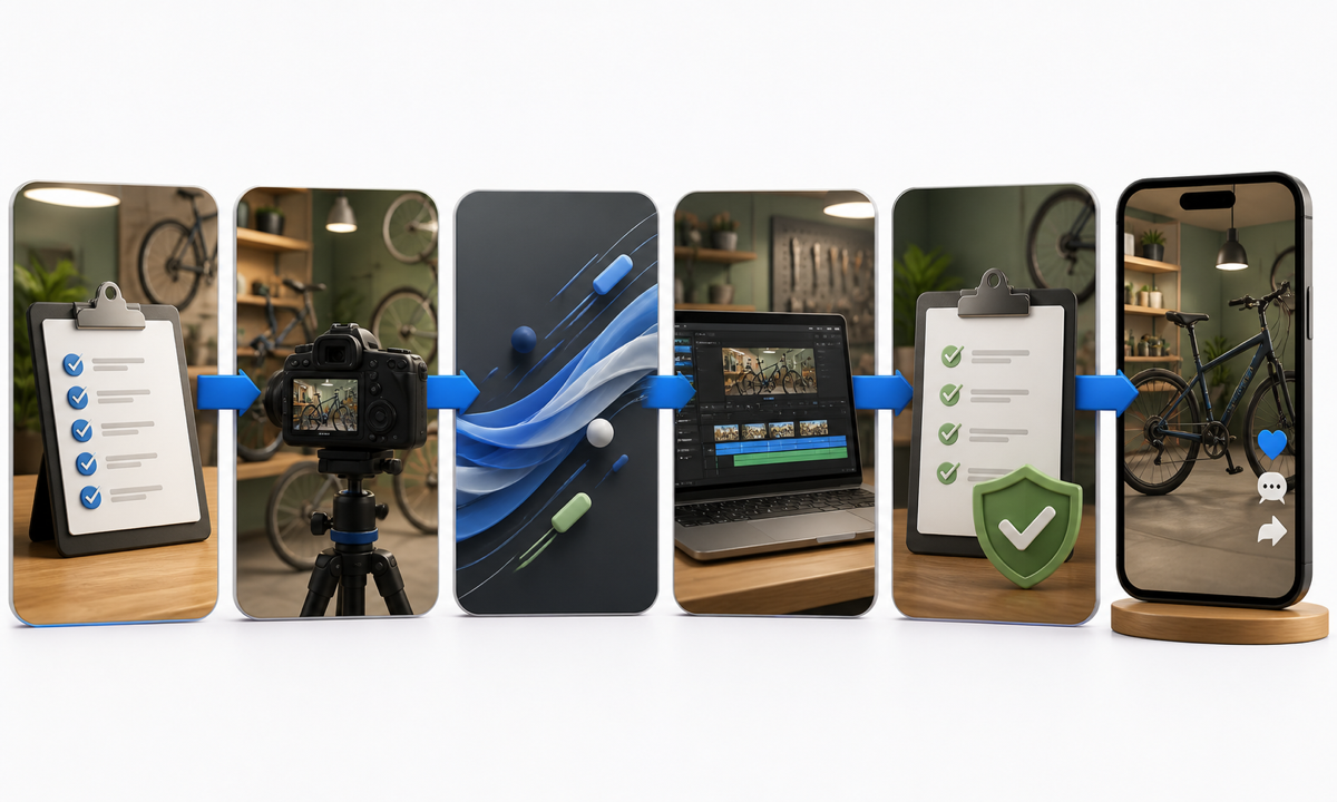 Define reel goal verify shop services film real mechanics classify generated atmosphere assemble editable facts review safety accessibility and publish workflow