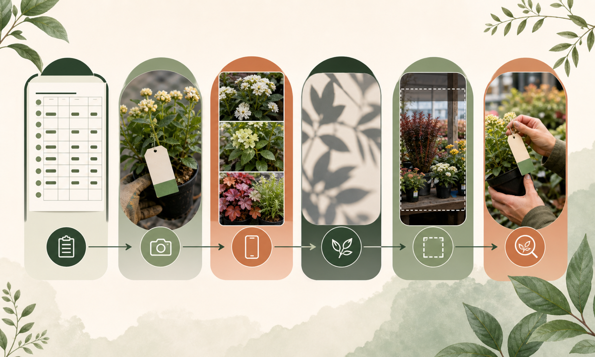 Export dated plant arrival list capture real stock storyboard short reel generate generic leaf light transitions assemble species size condition care price pickup captions and links review expiry workflow
