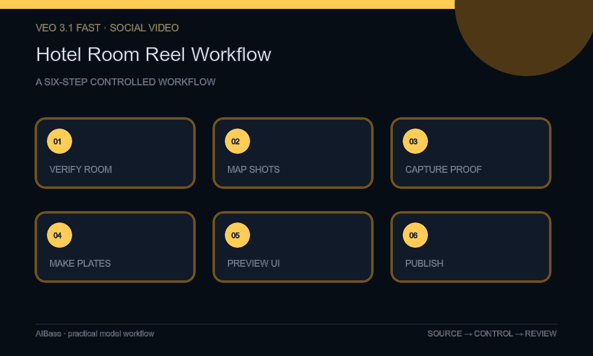 Verify room map shots separate proof generate transitions assemble preview publish hotel Reel workflow
