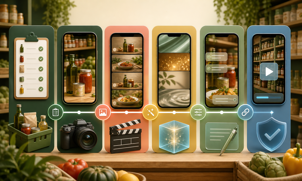 Freeze approved arrival list capture real shelves generate generic hook and transition shots assemble real product plates add verified price origin allergen storage and availability copy workflow