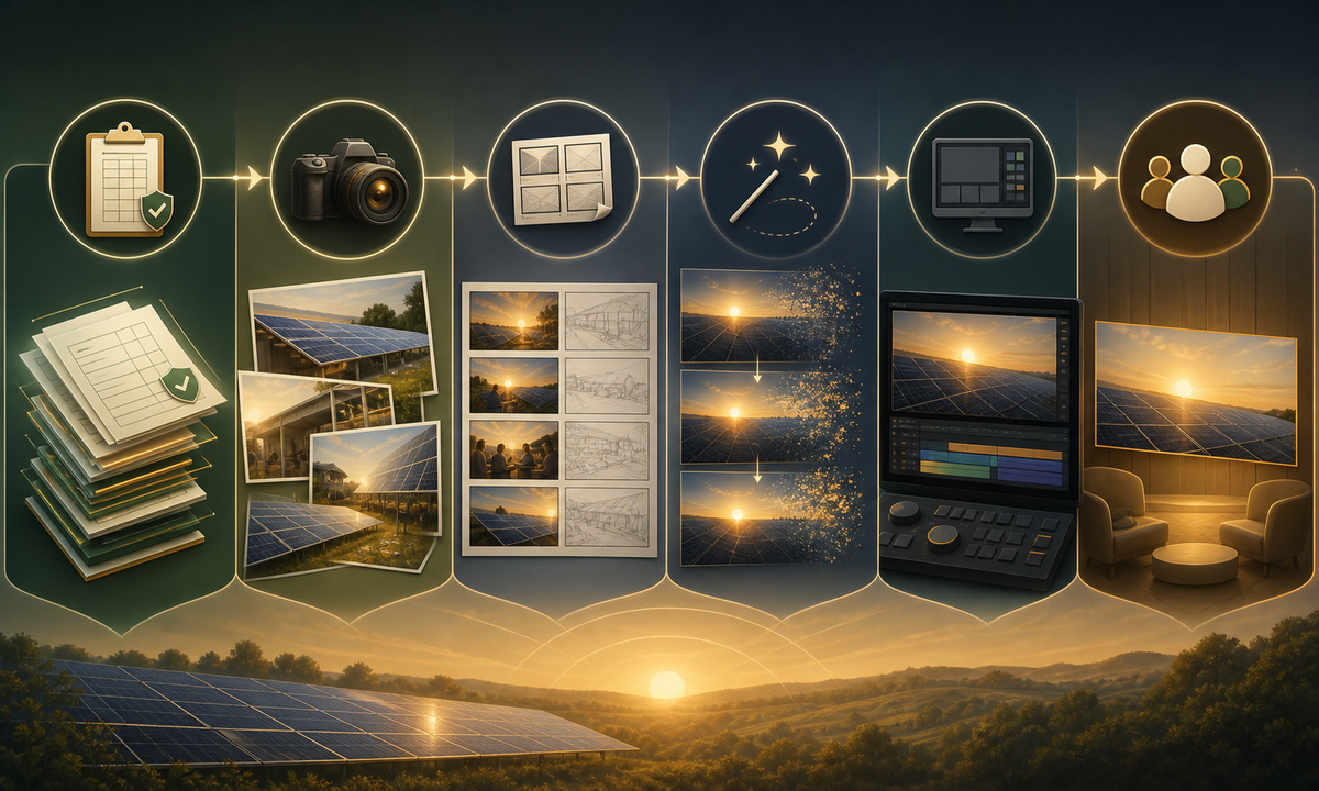 Build claim ledger capture real sites and participants separate illustration from evidence generate bounded cinematic shots assemble verified enrollment savings grid land and community context workflow