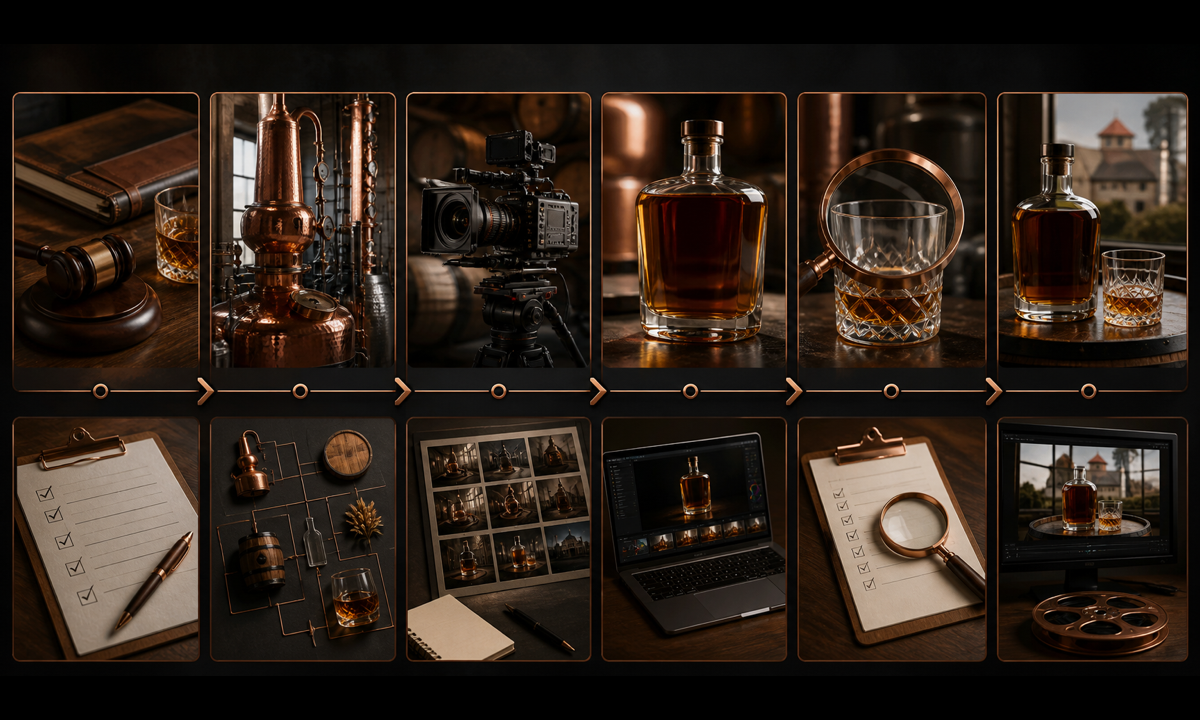 Verify facility and alcohol facts map safe shots generate atmosphere inspect claims assemble responsible edit workflow
