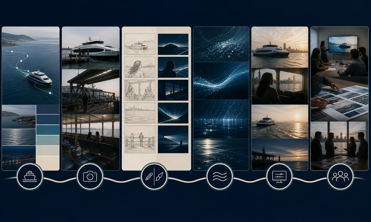 Build vessel route and claim ledger capture real ferry terminals crew passengers charging and access route abstract water light plates assemble verified service safety emissions and ticket information review authorities workflow