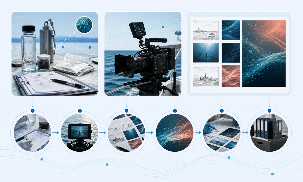 Separate documented evidence from illustrative scenes freeze claims permissions and wildlife safeguards storyboard generic transitions generate labeled plates composite verified footage metrics and credits review science ethics and accessibility workflow