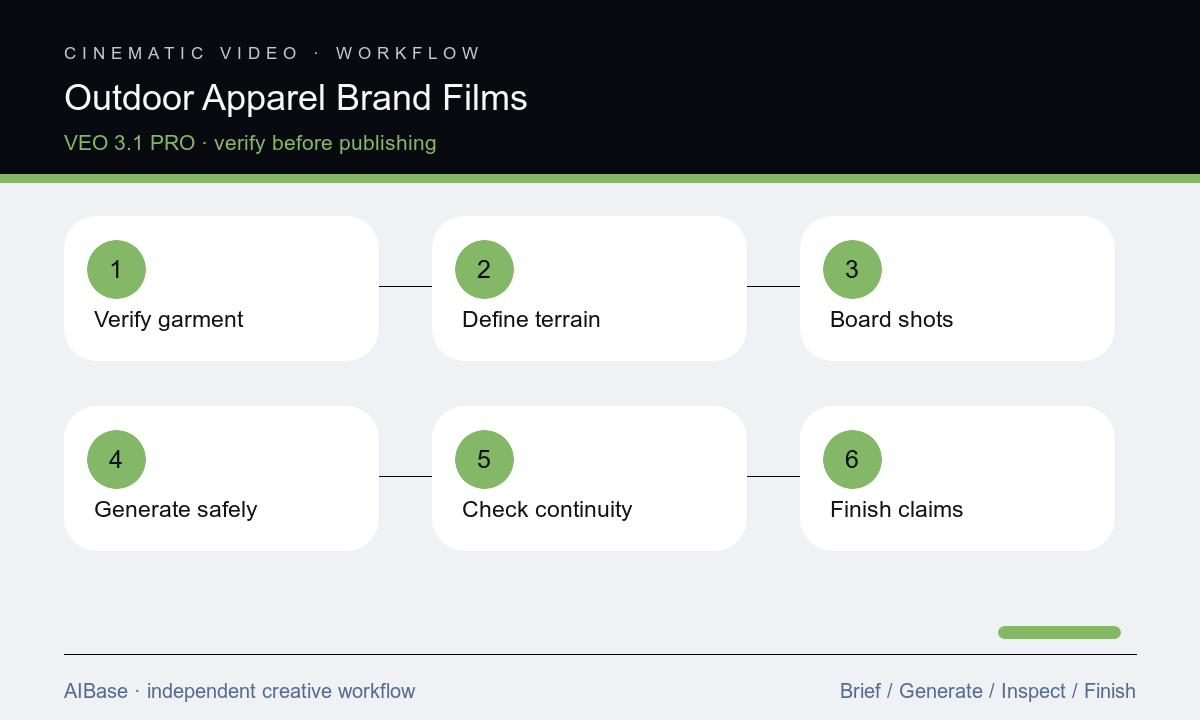 Verify garment define terrain storyboard safe shots generate inspect composite finish outdoor film workflow