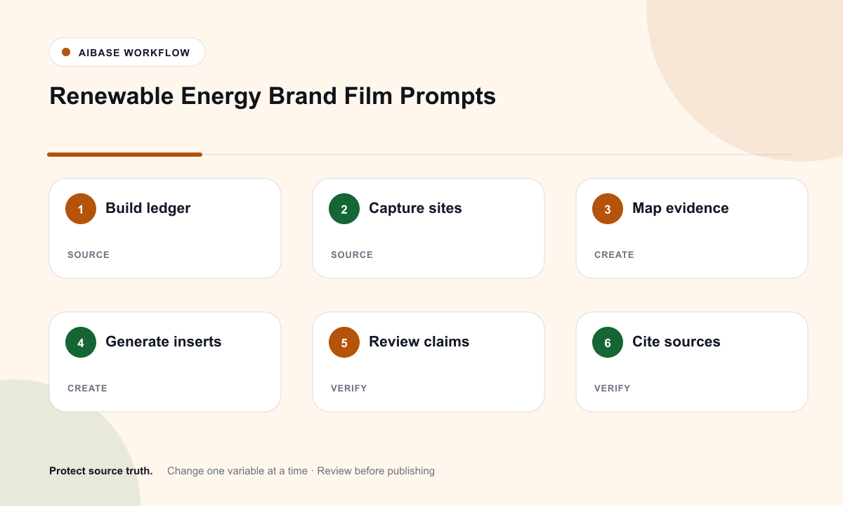 Audit energy claims capture real sites map evidence and atmosphere generate generic inserts review green claims assemble sourced film workflow