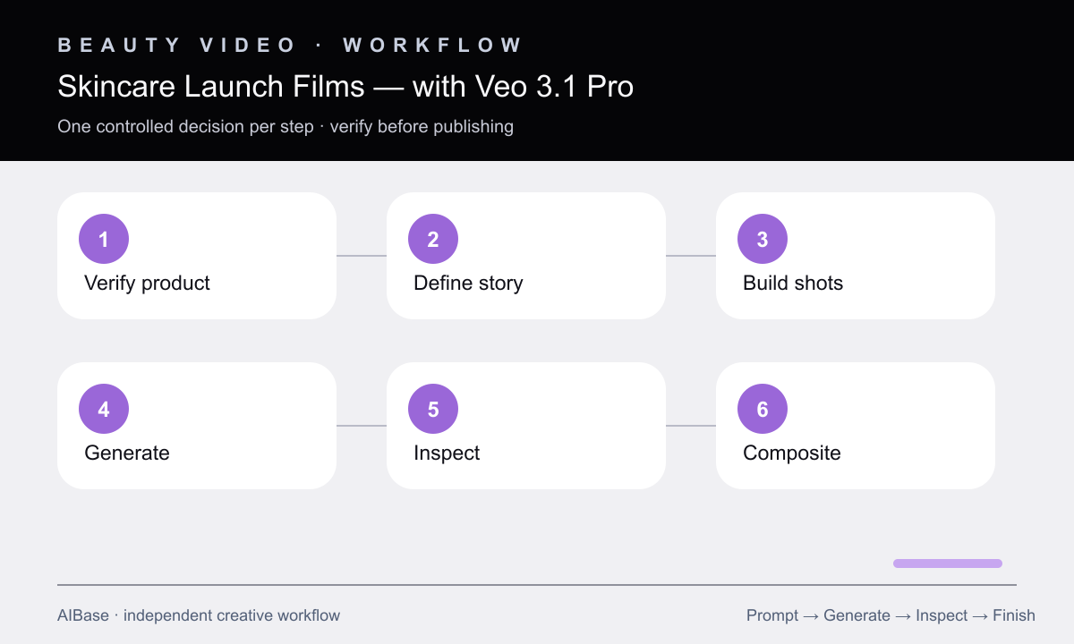 Verify product define story build shots generate inspect composite skincare launch workflow