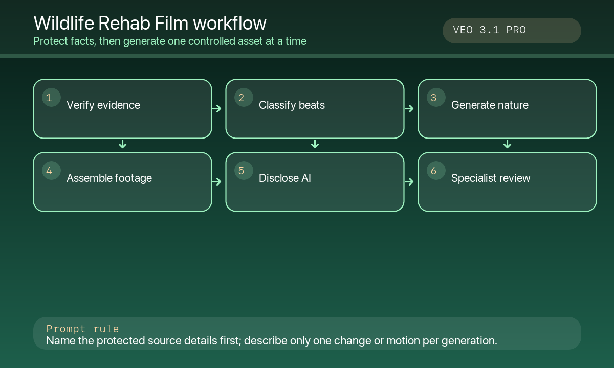 Verify rescue evidence classify story beats generate nature atmosphere assemble real footage disclose AI workflow