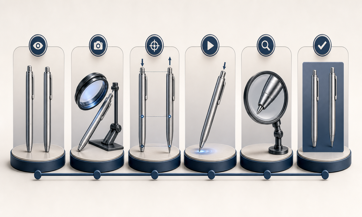 Verify pen states map button travel and tip extension animate one click inspect mechanism composite claims workflow