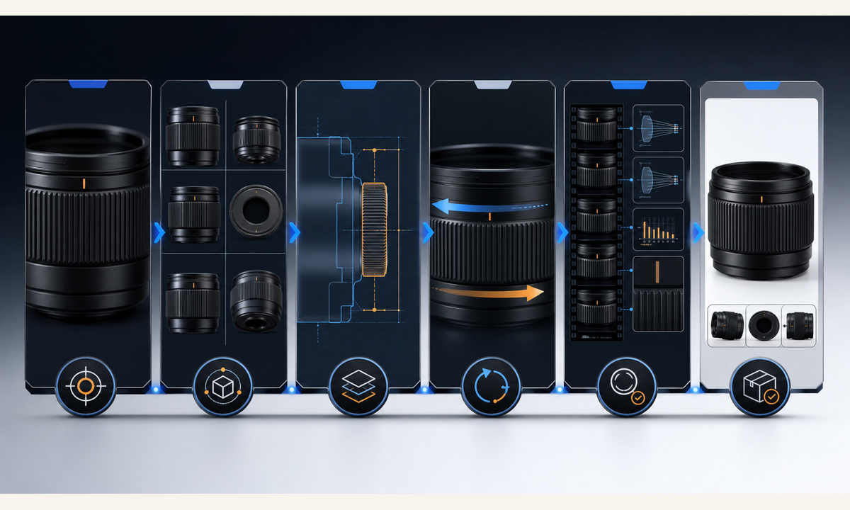 Verify lens SKU ring type rotation and markings capture before during and after references map fixed and moving barrel zones animate one bounded turn inspect scales switches glass mount and endpoint workflow
