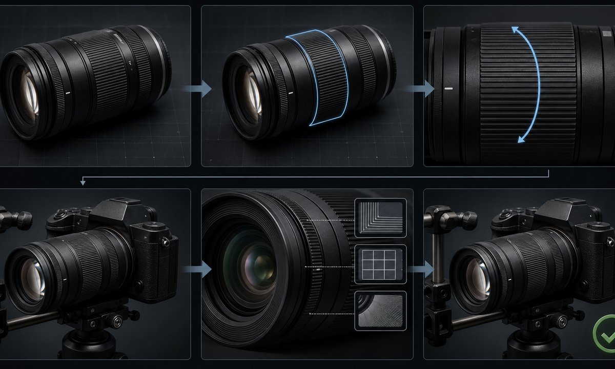 Identify exact zoom ring document rotation and barrel response lock focus mount and camera animate bounded turn inspect every frame and approve workflow