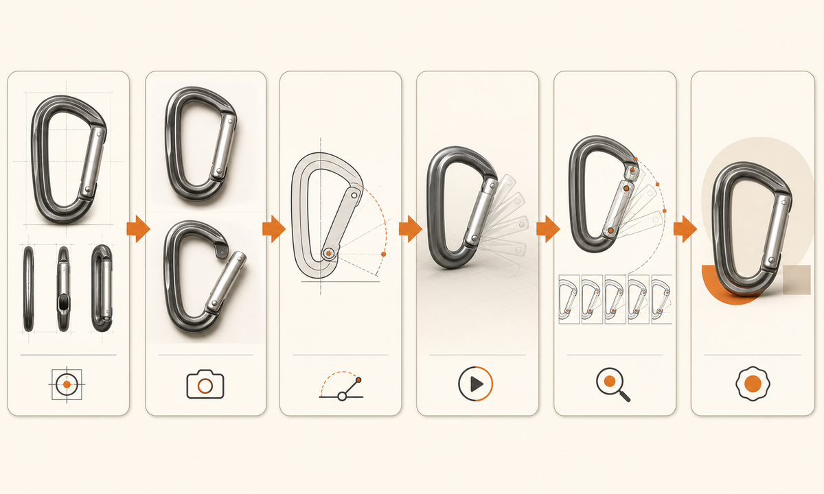 Verify exact carabiner revision body gate nose hinge spring sleeve lock direction and unloaded state capture open closed and side references map one pivot animate safe tabletop motion inspect geometry hand and claims workflow