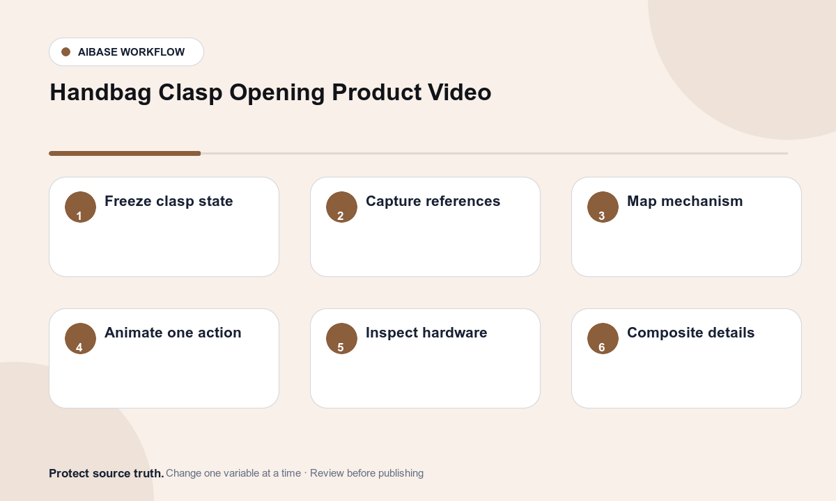 Verify handbag and clasp map pivot latch and flap define one action animate locked product inspect hardware leather and interior composite verified details workflow