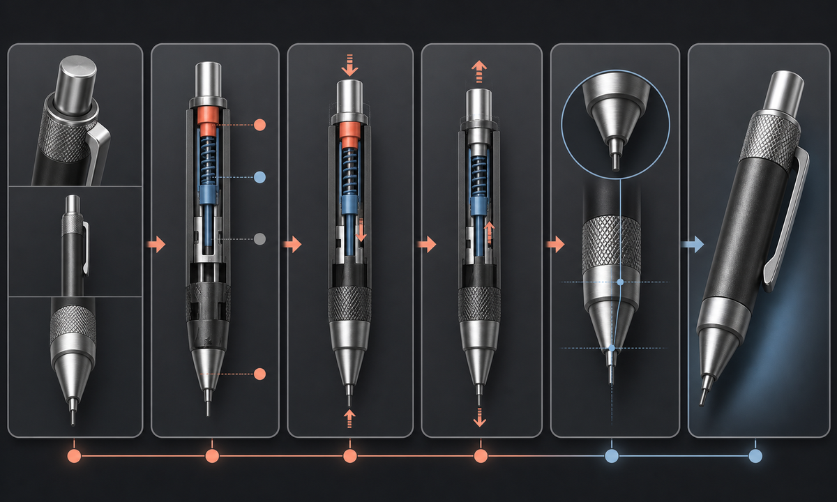 Freeze pencil SKU click travel lead advance and tip geometry map fixed and moving parts animate one click inspect every frame and add verified lead size mechanism copy workflow