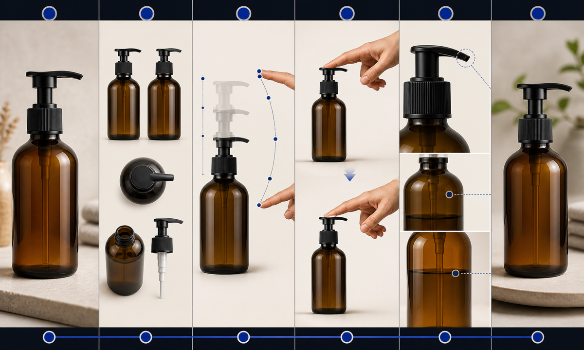 Verify exact dispenser and pump map collar nozzle stem travel hand contact and liquid boundary choose one press animate locked product inspect mechanics label and dosage composite verified plate workflow