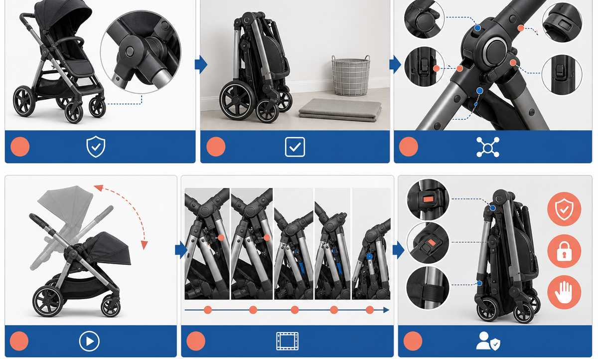 Verify stroller model manual and empty safe setup map hinge latch locks and pinch zones animate one documented motion inspect mechanism frame by frame use real safety instructions workflow