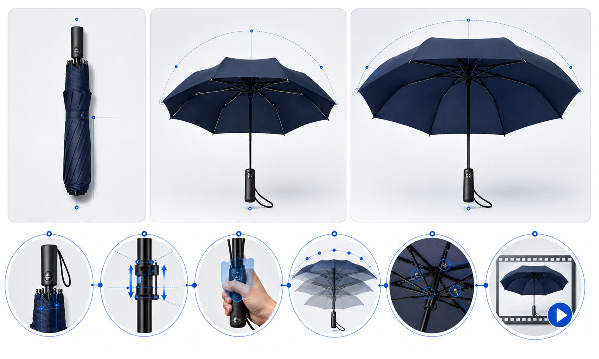 Verify umbrella mechanism capture closed partial and open references map runner ribs canopy and safe clearance animate one documented stage inspect geometry and condition composite verified product claims workflow