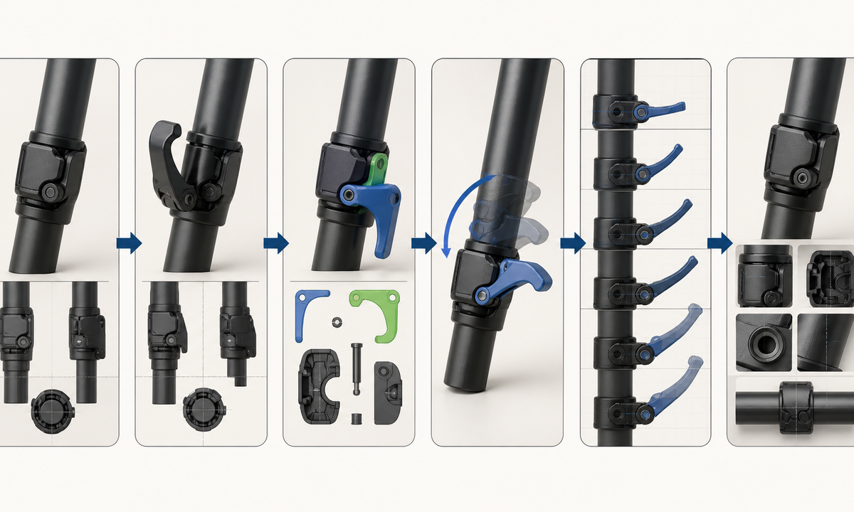 Freeze tripod model clamp mechanism direction and condition capture open closed and tube references map fixed and moving parts animate one clamp action inspect geometry contact and support add verified product facts separately workflow