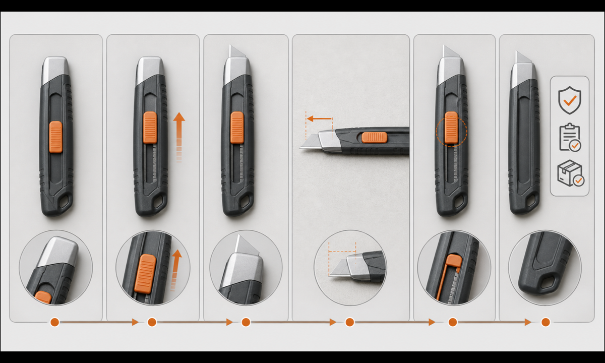 Freeze utility knife states capture housing slider track lock and blade map safe motion generate one bounded travel inspect mechanism and publish with safety context workflow