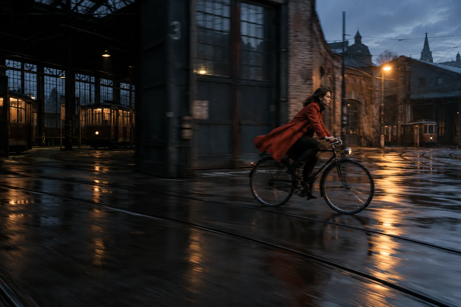 A cyclist in a red coat crossing a rain-soaked tram depot at dusk